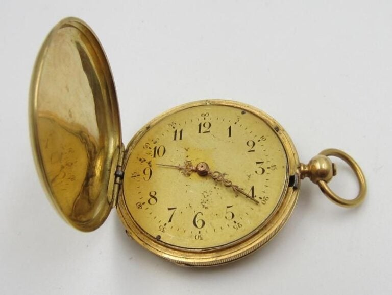 MONTRE DE POCHE SAVONNETTE en or jaune (750 millièmes) finement guilloché, ciselé et partiellement orné d'émail noir représentant sur une face un «chien aboyant dans sa course» et sur l'autre d'un cartouche épaulé d'une «grue» et d'un décor végéta