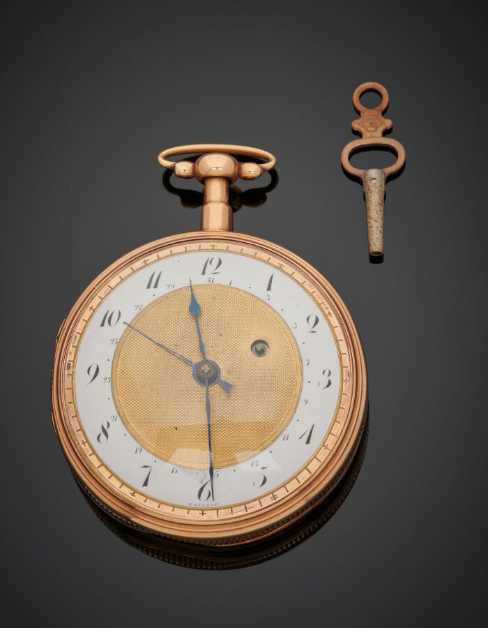 MONTRE de POCHE sonnerie au quart, en or jaune (750‰) guilloché. Carrure godron…