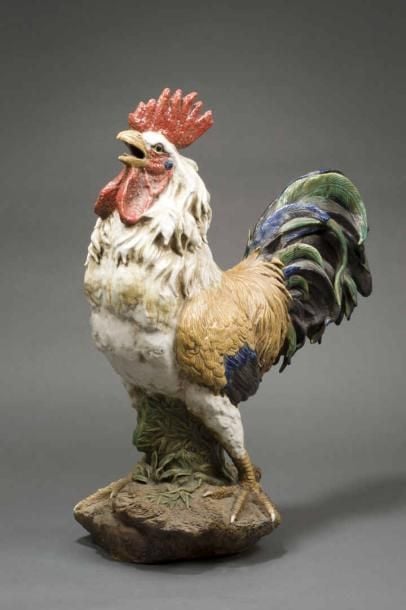 MONUMENTALE SCULPTURE DE COQ EN GRES DE SHIWAN, SIGNEE Chine, Fours de Shiwan, Foshan, Guangdong, Seconde moitié du XXe siècle En grès de Shiwan rehaussé d'émaux polychrome