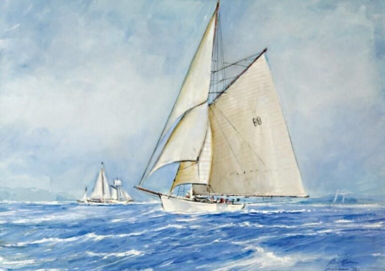 « Moonbeam III, côtre aurique en régate » Aquarelle gouaché
