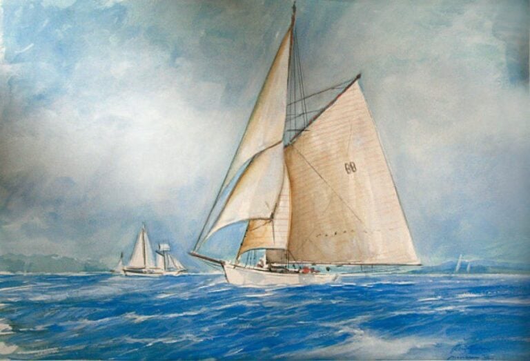 « Moonbeam III, cotre aurique, en régate » Aquarelle gouaché