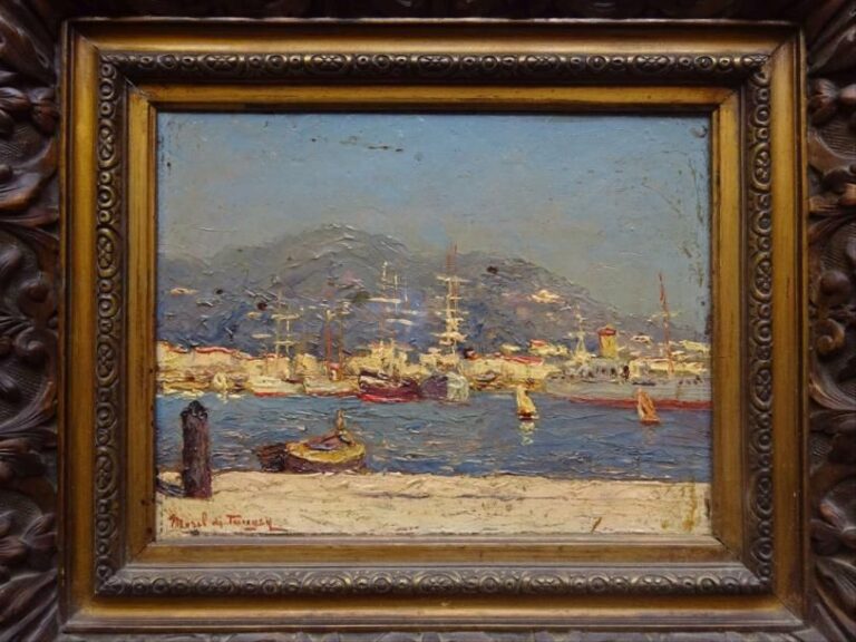 MOREL DE TANGUY (XIXe) « Cannes un coin du port » Huile sur toile  Signée en bas à gauche, inscription manuscrite sur châssis  22 x 27 cm
