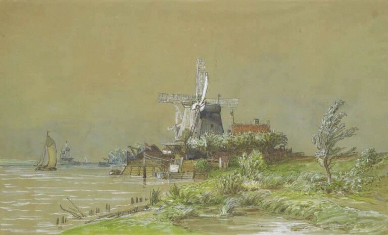 Moulins à Wilhemdorp Plume, aquarelle et gouache, cachet Anastasi en bas à gauche, titrée en bas dans la marg