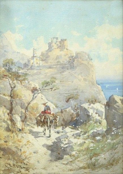Muletier sur le chemin d'Eze Aquarelle Signée en bas à gauche 31 x 22 cm (à vue) (infimes rousseurs)