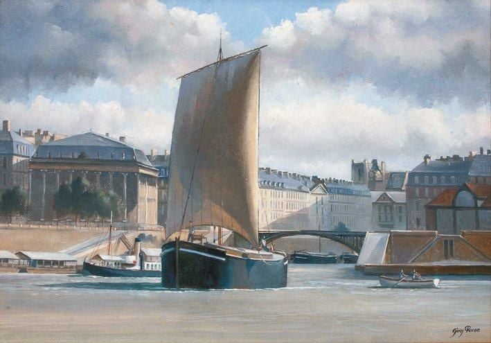 «Nantes, les quais de Loire» Huile sur toile, les quais animés devant la Bourse, signée en bas à droit