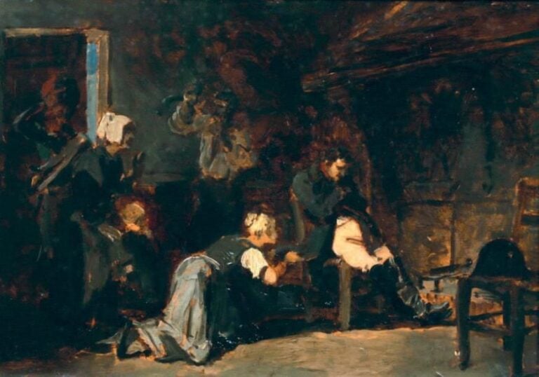 «NAPOLÉON BONAPARTE ENDORMI DEVANT L'ÂTRE» Huile sur panneau, esquisse 19 x 26 cm