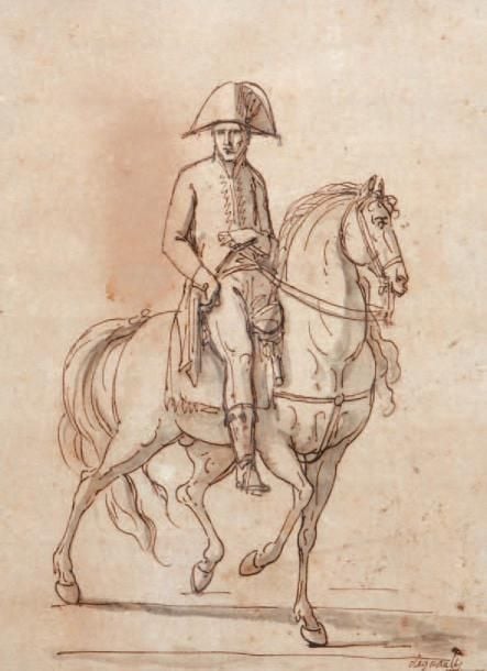 « Napoléon de profil droit sur son cheval » Plume, encre brune et lavis gris sur papier chamois Signé en bas à droite 34,2 x 25 cm Provenance: - Vente de l'atelier de l'artiste, 1er mars 1830, lot n° 140 - Vente à Paris, janvier 1898, lot n° 165 - Collection Rey de Vilette - Collection privée