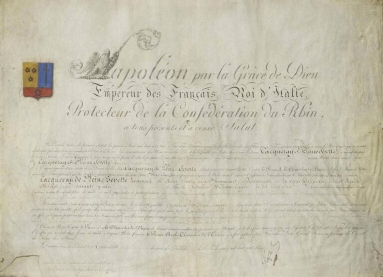NAPOLEONICA - Rare diplôme sur parchemin conférant le titre de Lieutenant de l'Empire au Sieur Cacqueray de Pleine-Sevett