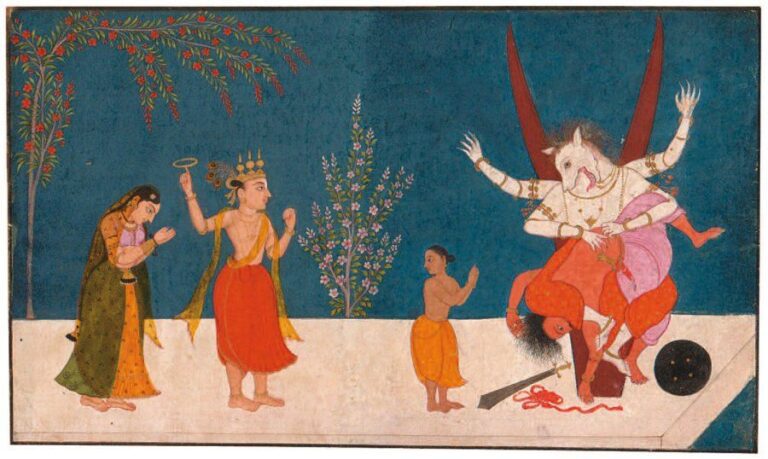 NARASIMHA Un avatar de Vishnou, réincarné en lion, étripant le démon Hiranyakashipu devant trois personnages sous des arbustes en fleur se détachant sur un fond bleu nui