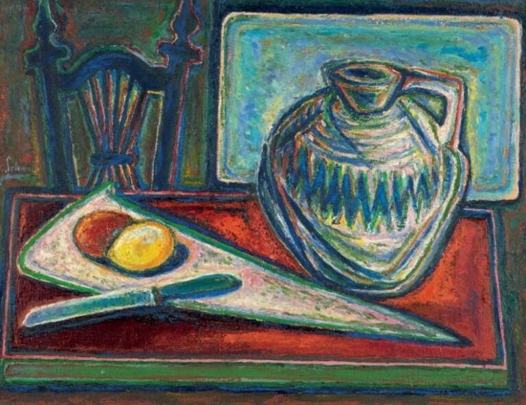 Nature morte, 1957 Huile sur toile, signée, étiquette dos avec la date 50 x 65 cm