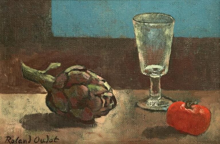 Nature morte à l'artichaut Huile sur toile, signée en bas à gauche 24 x 35 cm