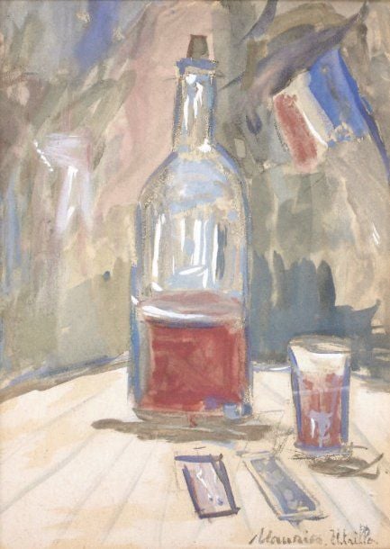 Nature morte à la bouteille Gouache sur papier, signée en bas à droite 34 x 25 cm Nous remercions