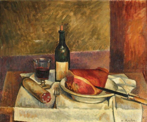 Nature morte à la bouteille Huile sur toile, signée en bas à droite, datée au dos 1926 60 x 74 cm Déchirure