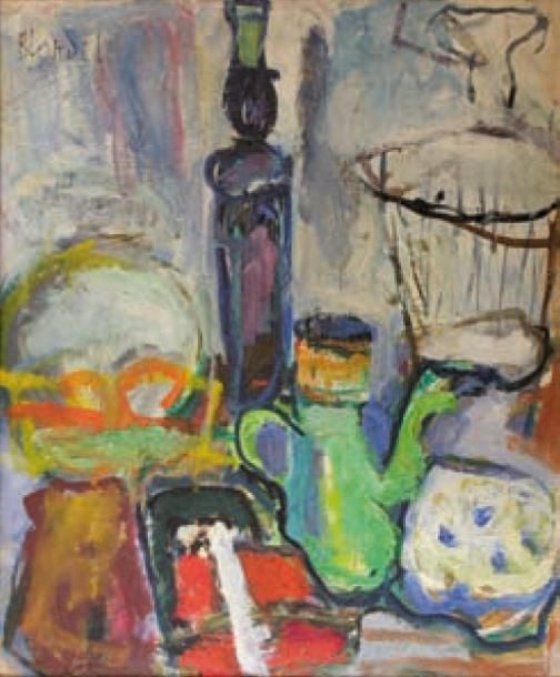 Nature morte à la cafetière verte Huile sur contreplaquée Signée en haut à gauche, titrée et datée au dos 46,5 x 38 cm