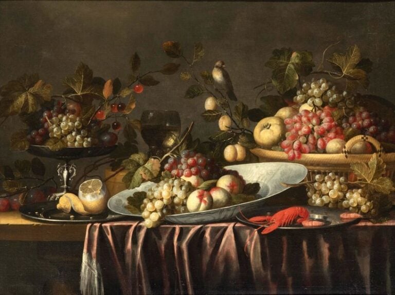 Nature Morte à la coupe et à la corbeille de fruits, verre Rohmer et écrevisse sur un entablement