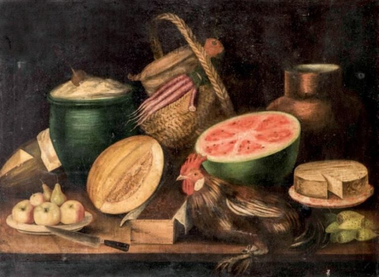 Nature morte à la pastèque, coq, melon et panier de légumes