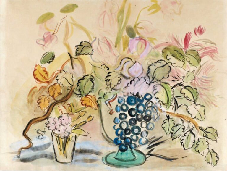 Nature morte à la vigne et au raisin Aquarelle, signée en bas à droite 48 x 64 cm
