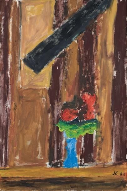 Nature morte au bouquet de fleurs, 1986 Huile sur toile, monogrammée et datée en bas à droite 81 x 54 cm