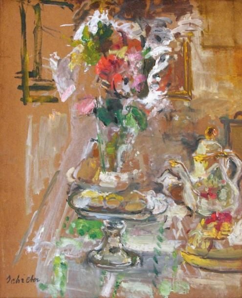 Nature morte au bouquet de fleurs et à la théière Huile sur isorel Signée en bas à gauche 61 x 50 cm