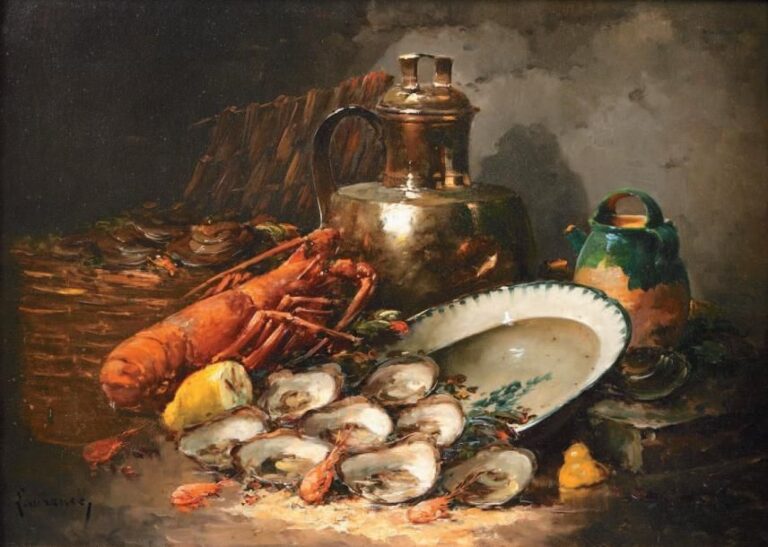 Nature morte au homard Huile sur toile, signée en bas à gauche (Restauration) 65 x 93 cm