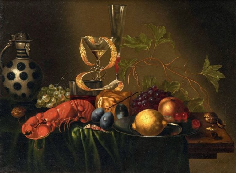 Nature morte au homard, verre Rohmer, citron, prunes, grenade sur un entablement