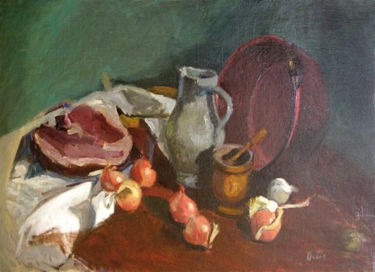 Nature morte au jambon et aux oignons Huile sur toile Signée en bas à droite 61 x 93 cm