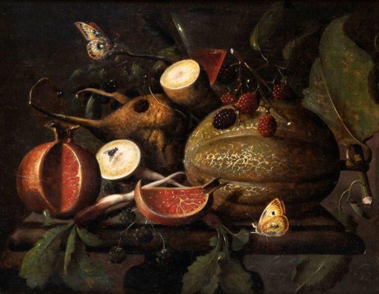Nature-morte au melon, grenades, citron, framboise et verre de vin sur un entablement de pierre