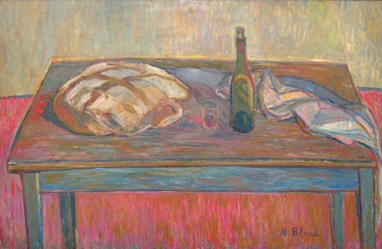 Nature morte au pain et à la bouteille de vin Huile sur isorel Signée en bas à droite 88 x 140 cm