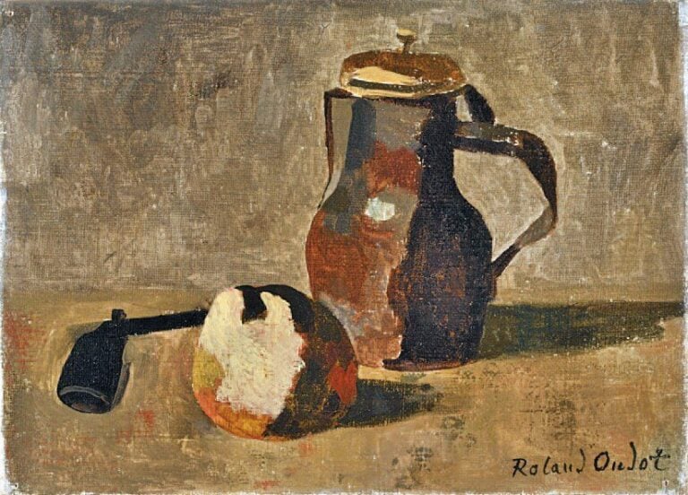 Nature morte au pichet et à la pipe Huile sur toile, signée en bas à droite 24 x 33 cm