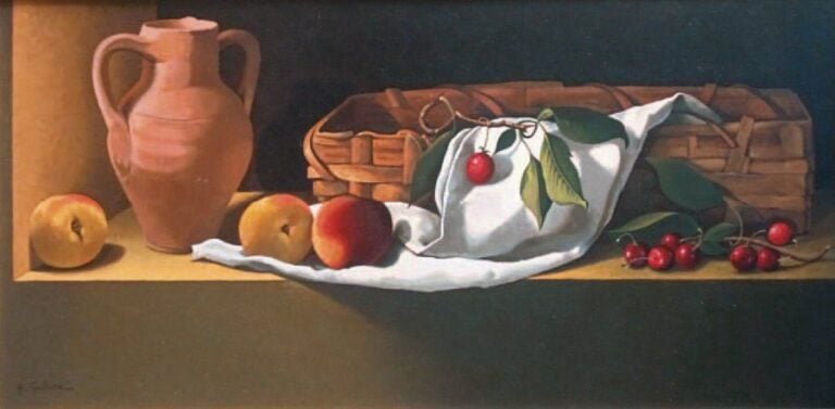 NATURE MORTE AU PICHET, PÊCHES ET CERISES Huile sur toile, signée en bas à gauche 40 x 80 cm