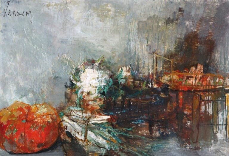 NATURE MORTE AU POTIRON Huile sur toile, signée en haut à gauche 23 x 34,5 cm