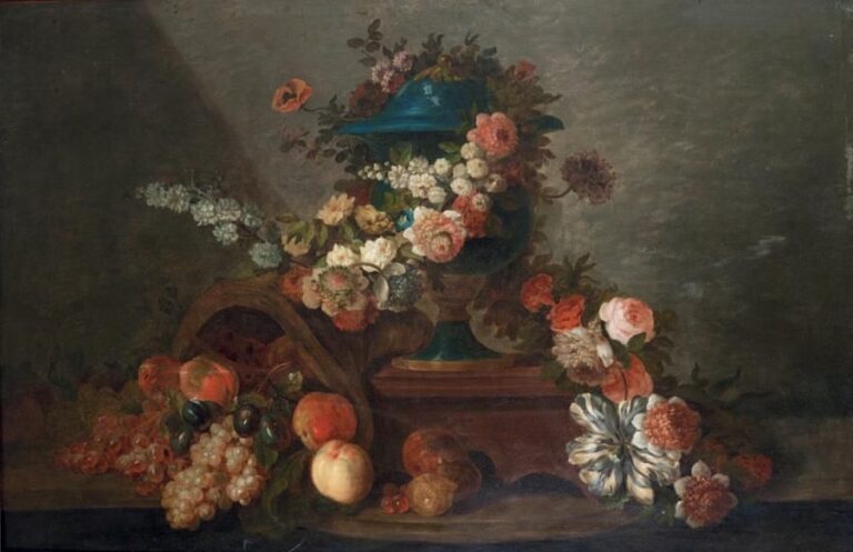 Nature morte au vase et au bouquet fleuri Huile sur toile (griffure) 91 x 140 cm