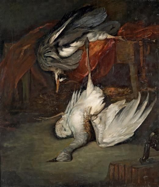 Nature morte aux deux hérons dans un atelier Huile sur toile (restaurations) 147 x 126,3 cm