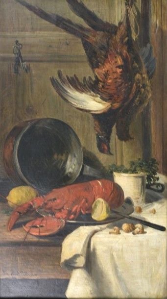 Nature morte aux faisans Huile sur toile Signée en bas à gauche 106 x 60 cm (anciennes restaurations, accidents)