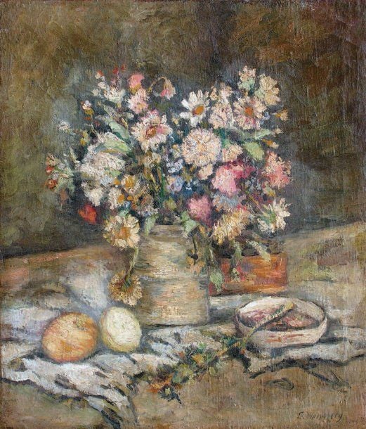 Nature morte aux fleurs, fruits, coupe et livre (c