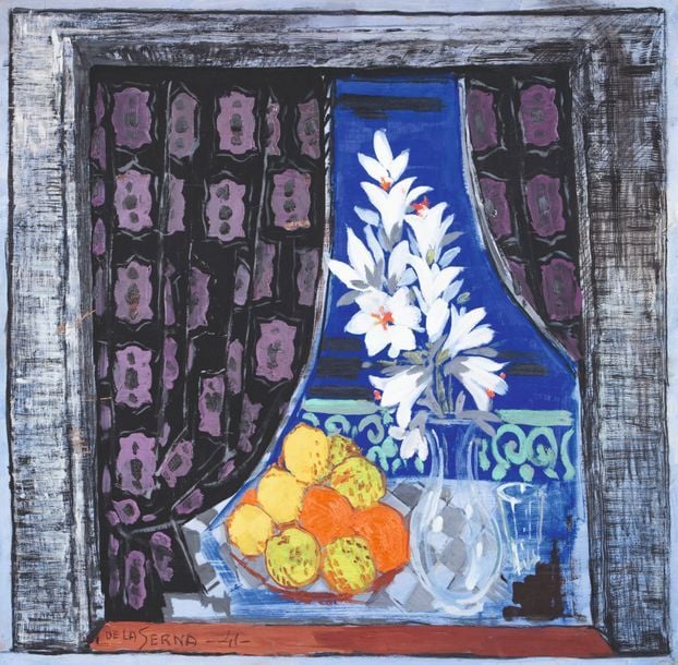 Nature morte aux fleurs, fruits et rideaux, 1941