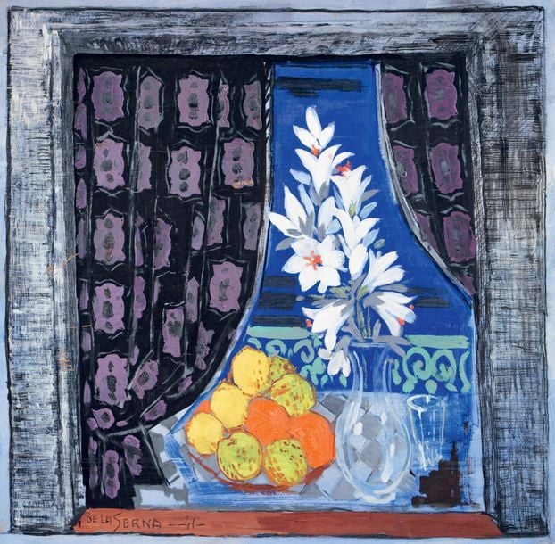 Nature morte aux fleurs, fruits et rideaux, 1941