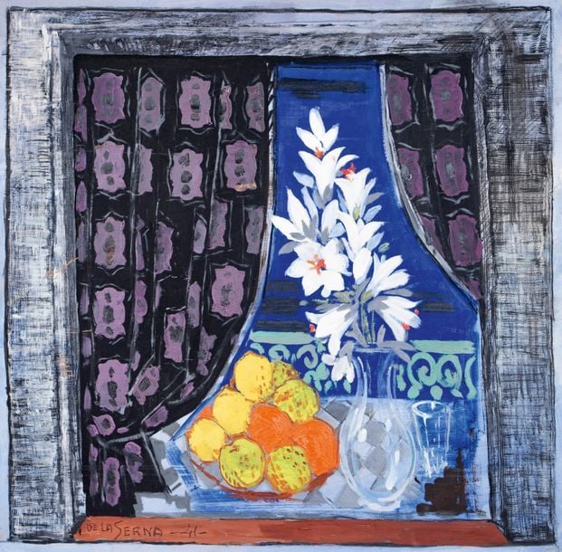 Nature morte aux fleurs, fruits et rideaux, 1941