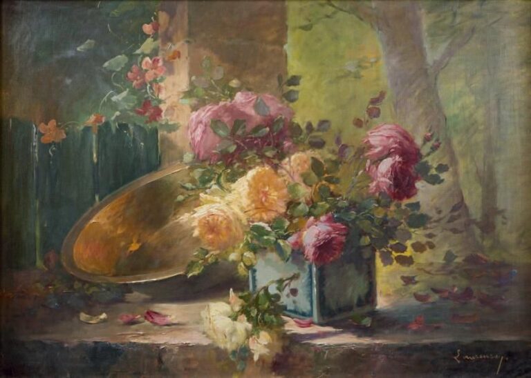 Nature morte aux fleurs Huile sur toile, signée en bas à droite 65,5 x 95 cm