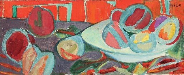 Nature morte aux fruits Huile sur toile marouflée sur panneau, signée en haut à droite 18 x 43 cm