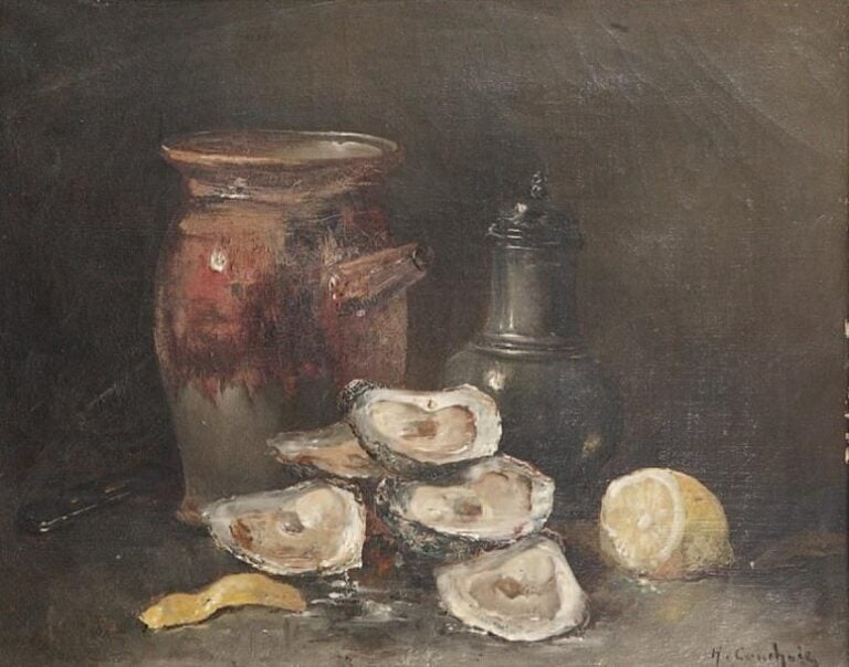 Nature morte aux huîtres et au citron Huile sur toile, signée en bas à droite 32 x 40 cm