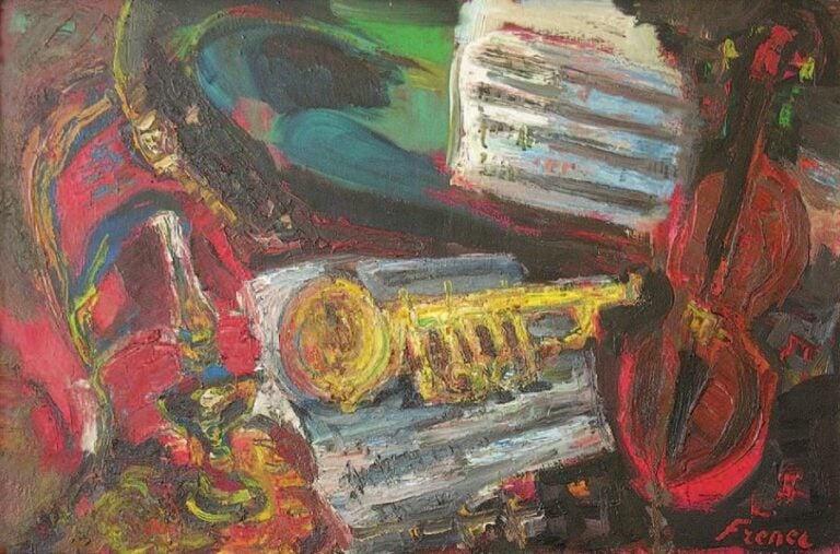 Nature morte aux instruments de musique Huile sur toile Signée en bas à droite 55 x 81 cm
