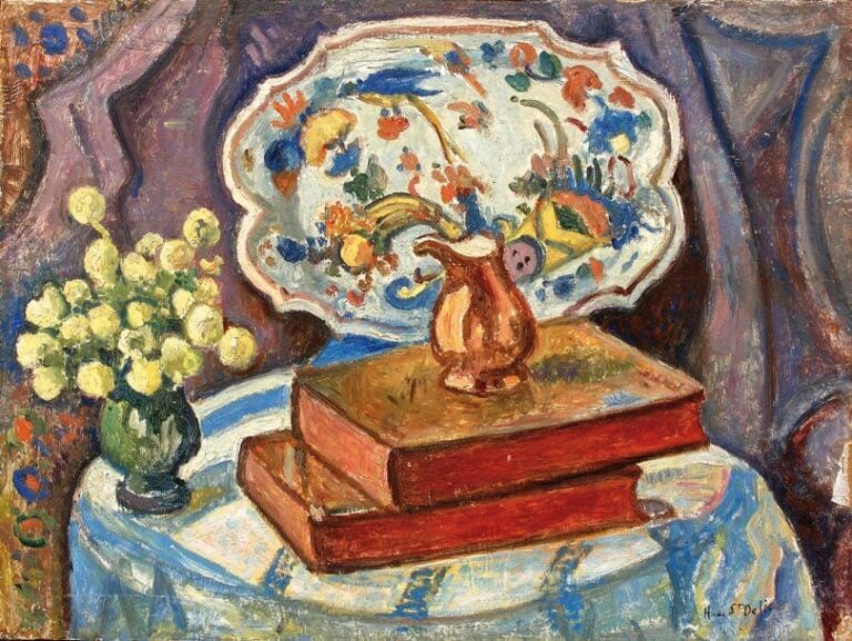 Nature morte aux livres Huile sur toile, signée en bas à droite 38 x 51 cm Eclats