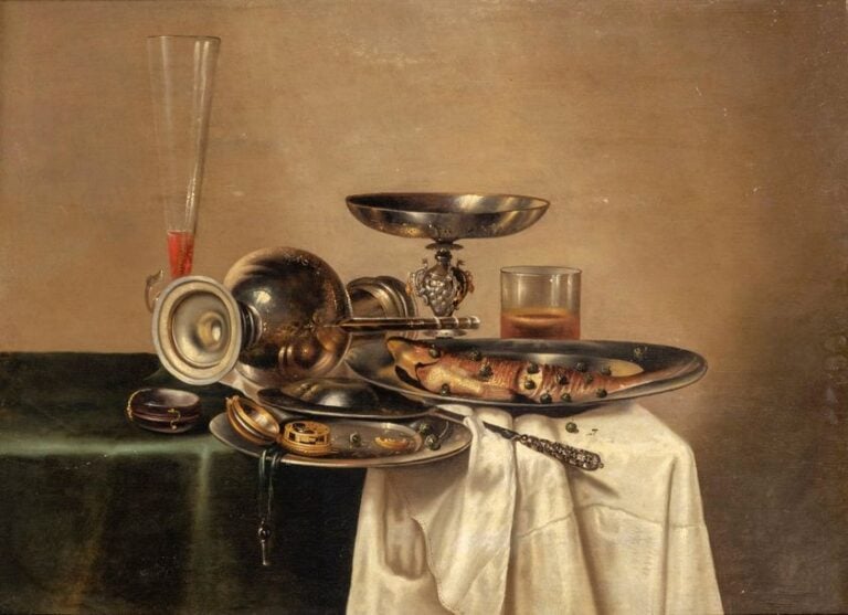 Nature Morte aux pièces d'orfèvrerie, couteau, verre, morue et montre