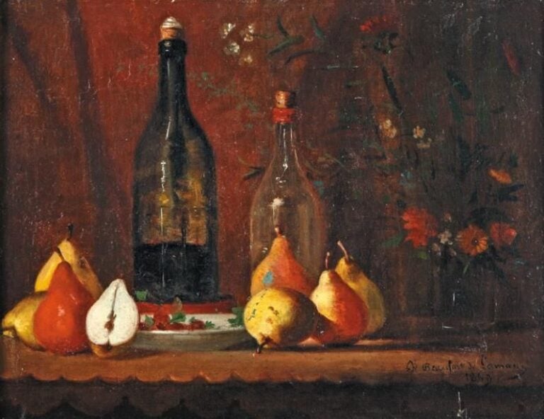 Nature morte aux poires Huile sur toile, signée en bas à droite (éclats) 43 x 55 cm
