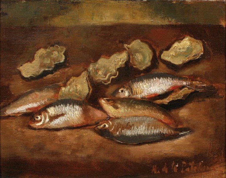 Nature morte aux poissons Huile sur toile, signée en bas à droite 34 x 41 cm