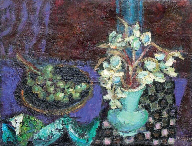 Nature morte aux raisins et vase de fleurs (1963) Huile sur toile Signée et datée en bas à droite 52,5 x 40,5 cm