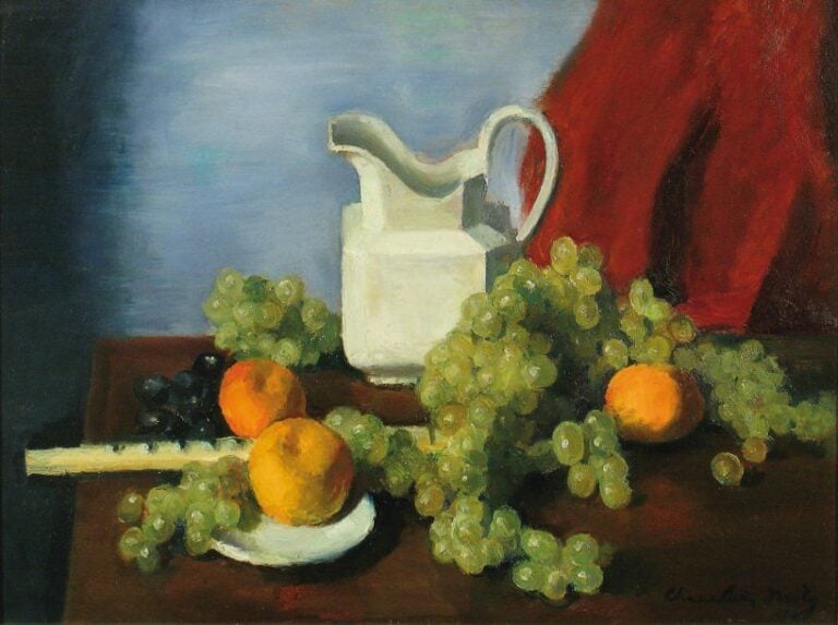Nature morte aux raisins Huile sur toile, signée en bas à droite 53 x 72 cm