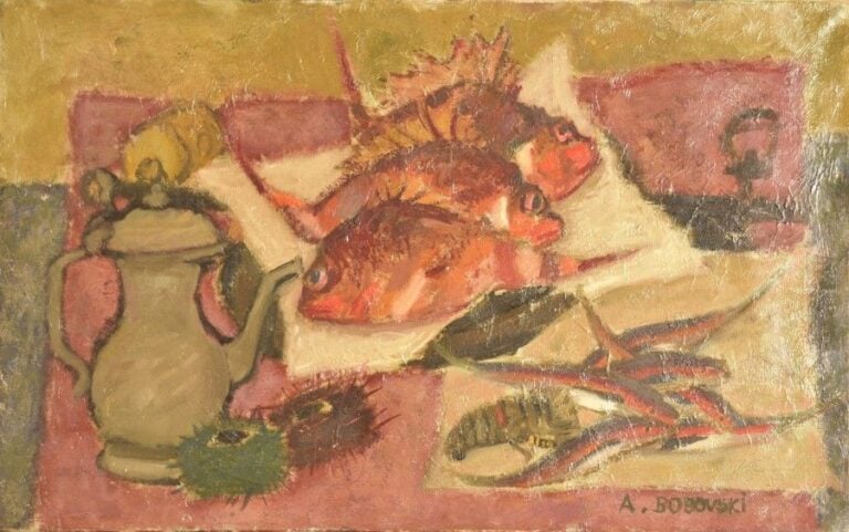 Nature morte aux rascasses et oursins Huile sur toile Signée en bas à droite 38 x 61 cm
