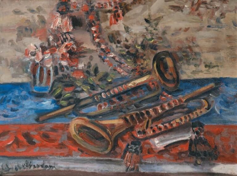 Nature morte aux trompettes Huile sur toile, signée en bas à gauche 47 x 62 cm